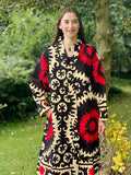 Suzani Hand Silk Thread Embroidered long length Kimono Classic Elegant Beige Red Black