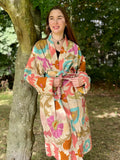 Suzani Hand Silk Thread Embroidered long length Kimono Classic Beige Pastel Peach Olive Aqua Blush