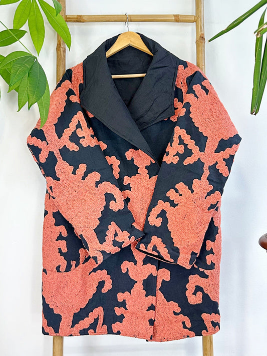 Suzani-Embroidered Open-Front Jacket Classic Black Bright Peach