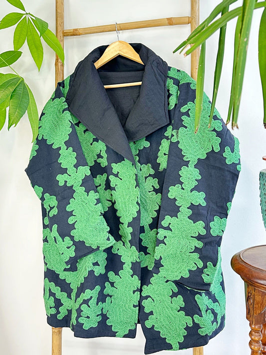 Suzani-Embroidered Open-Front Jacket Classic Black Forest Green Ikat