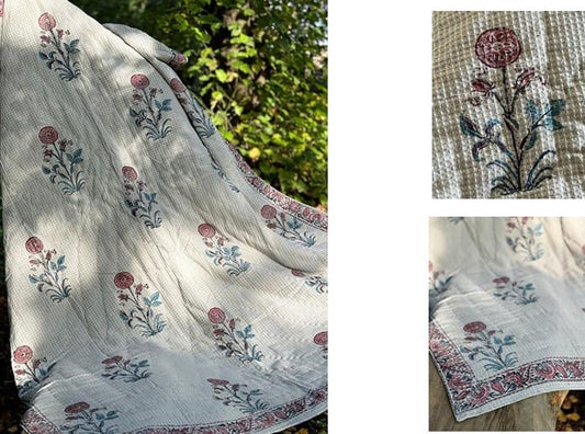 Handcrafted Waffle Quilts (Single) – Soft, Textured Comfort / White Pink and Blue