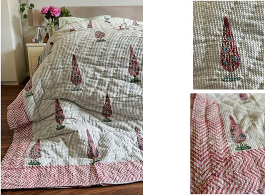 Handcrafted Waffle Quilts (King) – Soft, Textured Comfort / Elegant White Candy Pink Green
