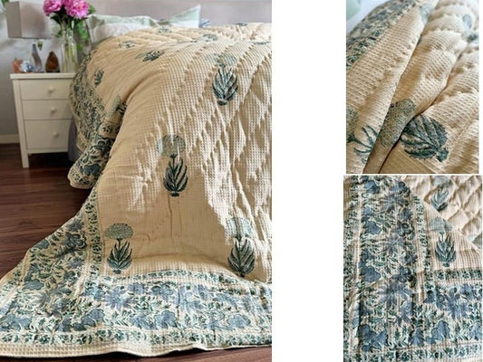 Handcrafted Waffle Quilts (King) – Soft, Textured Comfort / Beige Light Sea Blue