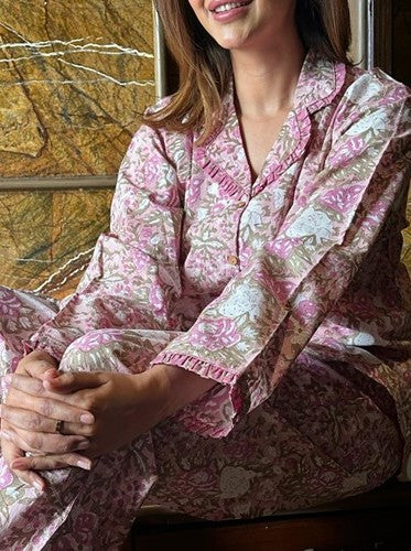 Luxury Hand Printed Indian Blockprint Pure High Quality Cotton |  Spring Beige Pink Grey Desire Leaves Burst Art