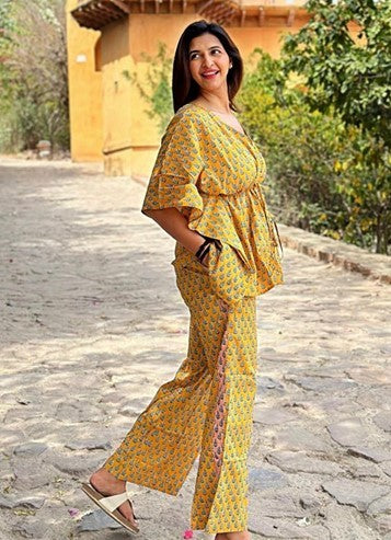Luxury Hand Printed Indian Blockprint Pure High Quality Cotton | Summer Yellow Blue Vibe Peach