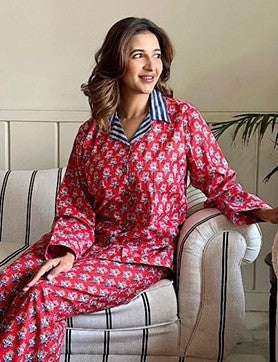 Luxury Hand Printed Indian Blockprint Pure High Quality Cotton | Red with Blue Stripe