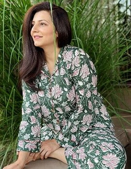 Luxury Hand Printed Indian Blockprint Pure High Quality Cotton | Summer Mughal Green White Floral