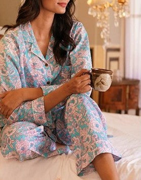 Indian Jaipuria Cotton Pyjama Set In cool Shades Pastel Blue Candy Pink White