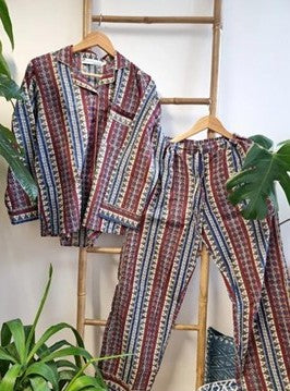 Luxury Hand Printed Indian Blockprint Pure High Quality Cotton | Red Blue White Stripe