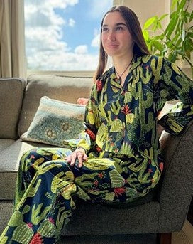 Luxury Hand Printed Indian Blockprint Pure High Quality Cotton | Summer Navy Green Red Quirky Cactus
