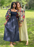 Embroidered Daisy Floral Pure Cotton Long Smocking Dress Boho Chic Classy Summer Elegant Comfy Daywear Mom Gift Outfit | Navy Red Mustard