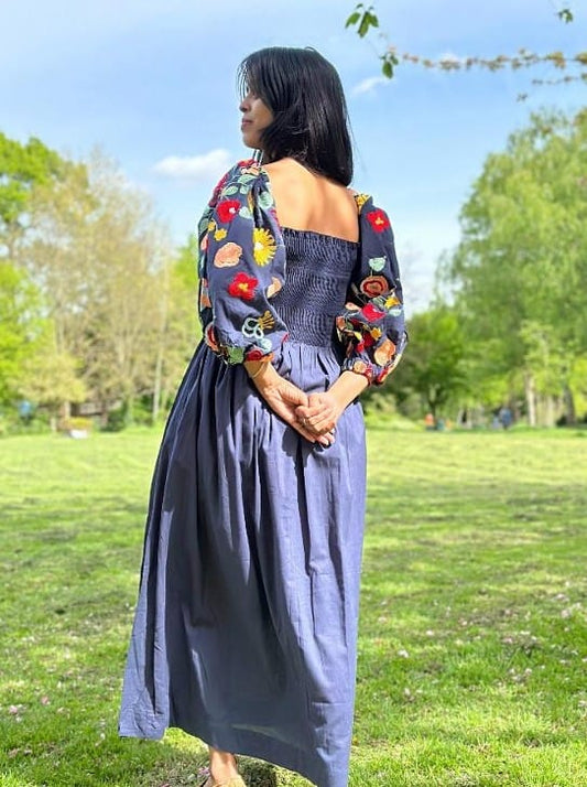 Embroidered Daisy Floral Pure Cotton Long Smocking Dress Boho Chic Classy Summer Elegant Comfy Daywear Mom Gift Outfit | Navy Red Mustard