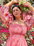 Embroidered Daisy Floral Pure Cotton Long Smocking Dress Boho Chic Colourful Summer Elegant Comfy Daywear Mom Outfit Rose Pink White