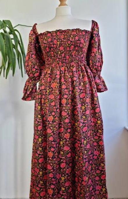 Midi Paisley Denim Black with Pink Floral Silk Blend Dress Colourful Summer Elegant Comfy Wedding High Tea Daywear Casual | Mommy Girly Chic Boho
