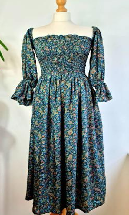 Midi Paisley Denim Green Floral Silk Blend Dress Colourful Summer Elegant Comfy Wedding High Tea Daywear Casual | Mommy Girly Chic Boho