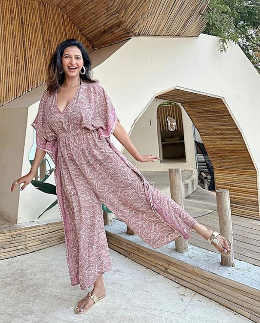 Overall Onesie Jumpsuit Summer Bohemian Flowy Summer Elegant Wedding High Tea Daywear Beach Casual Girly Chic Boho Cream Dusty Rose Paisley