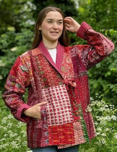 Kantha Reversible Short Length Spring Bolero All Season Bohemian Melange Artist Front Tie Open Jacket |