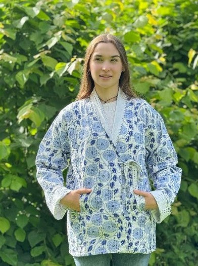 Kantha Reversible Short Length Spring Bolero All Season Bohemian Melange Artist Front Tie Open Jacket |