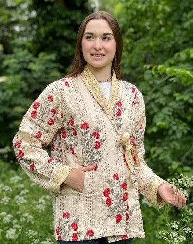 Kantha Reversible Short Length Spring Bolero All Season Bohemian Melange Artist Front Tie Open Jacket |