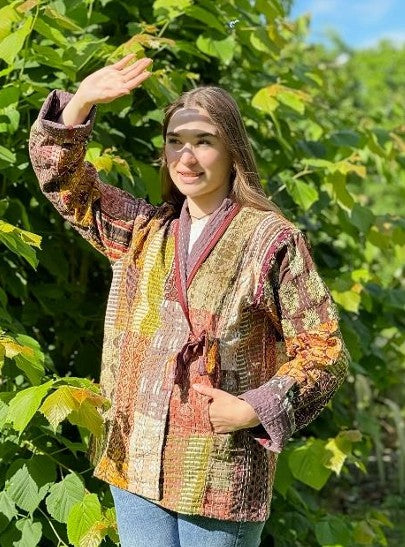 Kantha Reversible Short Length Spring Bolero All Season Bohemian Melange Artist Front Tie Open Jacket |