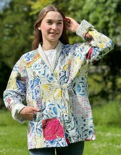 Kantha Reversible Short Length Spring Bolero All Season Bohemian Melange Artist Front Tie Open Jacket |