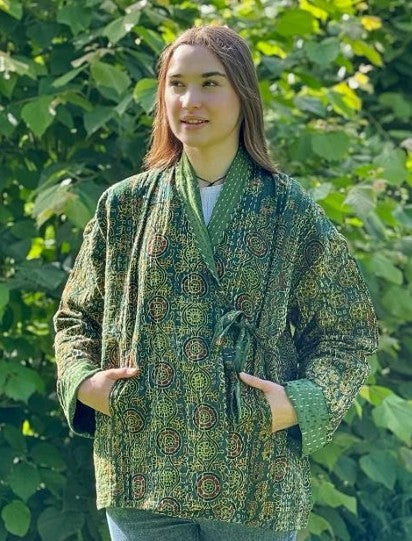 Kantha Reversible Short Length Spring Bolero All Season Bohemian Melange Artist Front Tie Open Jacket |