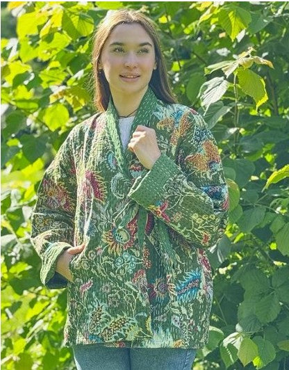 Kantha Reversible Short Length Spring Bolero All Season Bohemian Melange Artist Front Tie Open Jacket |