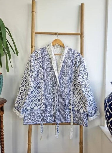 Kantha Reversible Short Length Spring Bolero All Season Bohemian Melange Artist Front Tie Open Jacket |