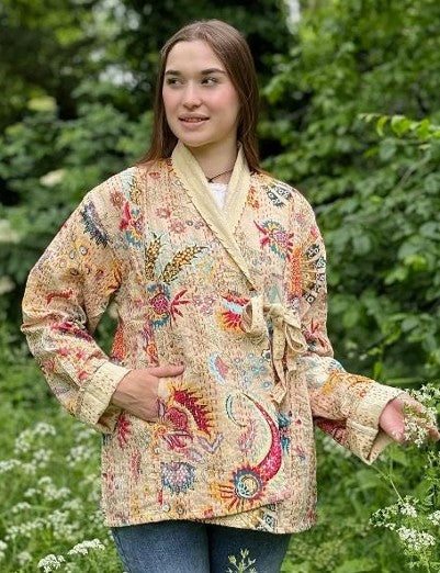 Kantha Reversible Short Length Spring Bolero All Season Bohemian Melange Artist Front Tie Open Jacket |