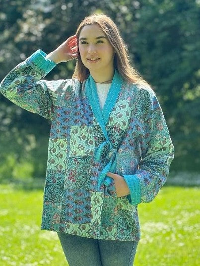 Kantha Reversible Short Length Spring Bolero All Season Bohemian Melange Artist Front Tie Open Jacket |