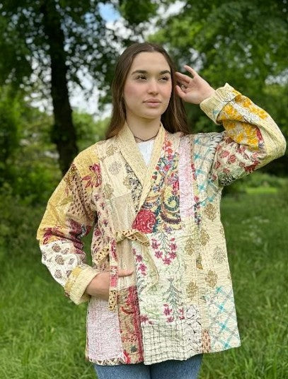 Kantha Reversible Short Length Spring Bolero All Season Bohemian Melange Artist Front Tie Open Jacket |