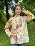 Kantha Reversible Short Length Spring Bolero All Season Bohemian Melange Artist Front Tie Open Jacket |