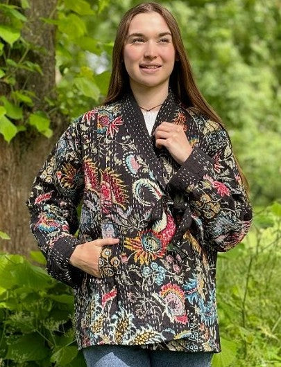 Kantha Reversible Short Length Spring Bolero All Season Bohemian Melange Artist Front Tie Open Jacket |