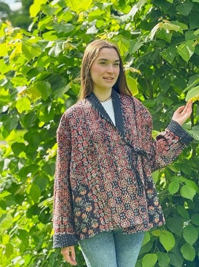 Kantha Reversible Short Length Spring Bolero All Season Bohemian Melange Artist Front Tie Open Jacket |