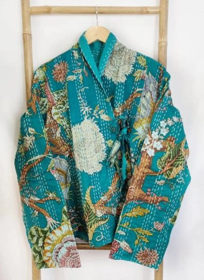 Kantha Reversible Short Length Spring Bolero All Season Bohemian Melange Artist Front Tie Open Jacket |