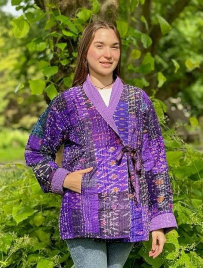 Kantha Reversible Short Length Spring Bolero All Season Bohemian Melange Artist Front Tie Open Jacket |