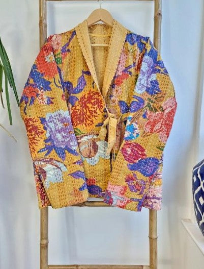 Kantha Reversible Short Length Spring Bolero All Season Bohemian Melange Artist Front Tie Open Jacket |