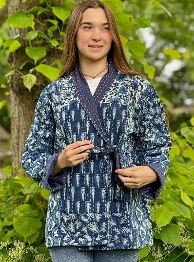 Kantha Reversible Short Length Spring Bolero All Season Bohemian Melange Artist Front Tie Open Jacket |