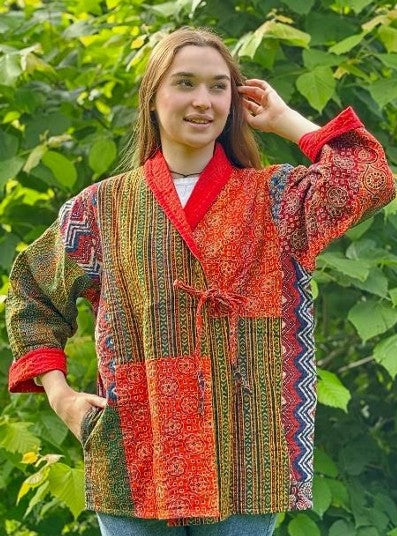 Kantha Reversible Short Length Spring Bolero All Season Bohemian Melange Artist Front Tie Open Jacket |