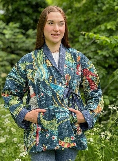 Kantha Reversible Short Length Spring Bolero All Season Bohemian Melange Artist Front Tie Open Jacket |