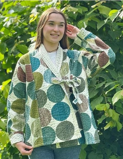 Kantha Reversible Short Length Spring Bolero All Season Bohemian Melange Artist Front Tie Open Jacket |