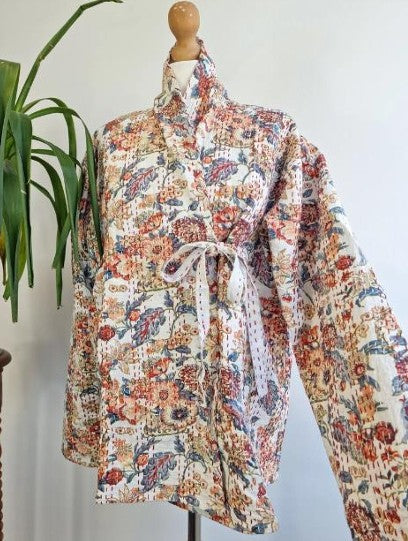 Kantha Reversible Short Length Spring Bolero All Season Bohemian Melange Artist Front Tie Open Jacket |