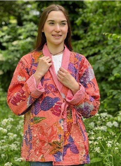 Kantha Reversible Short Length Spring Bolero All Season Bohemian Melange Artist Front Tie Open Jacket |