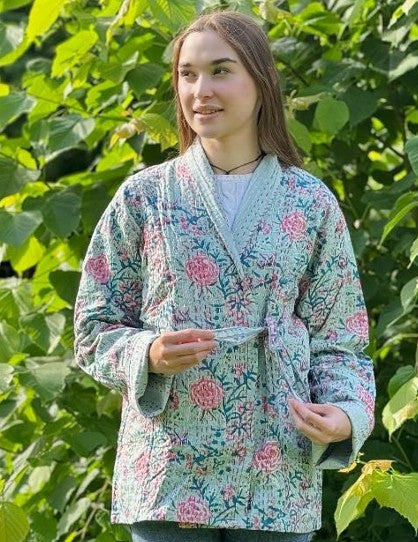 Kantha Reversible Short Length Spring Bolero All Season Bohemian Melange Artist Front Tie Open Jacket |