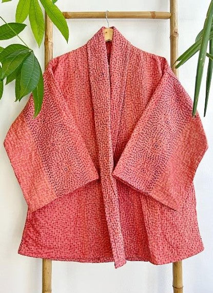 Kantha Reversible Short Length Spring Bolero All Season Bohemian Melange Artist Front Tie Open Jacket |