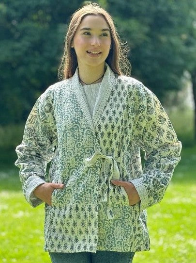 Kantha Reversible Short Length Spring Bolero All Season Bohemian Melange Artist Front Tie Open Jacket |