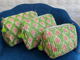 3-Piece Quilted Cotton Washbag Set – Soft, Stylish & Travel-Ready Green with pink small motif