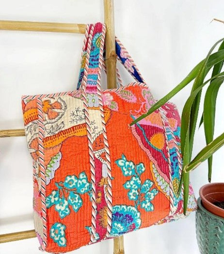 Quilted Cotton Handprinted Tote Bag