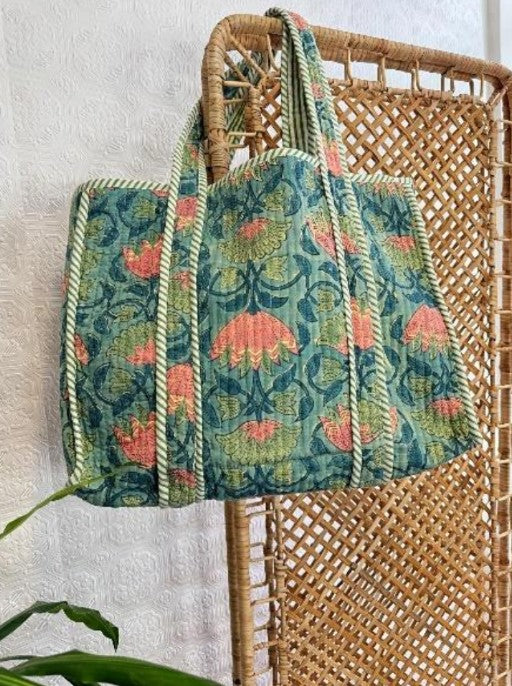Quilted Cotton Handprinted Tote Bag