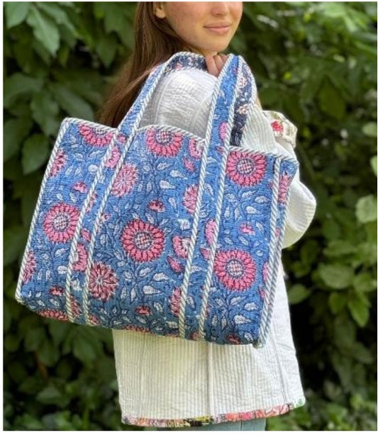 Quilted Cotton Handprinted Tote Bag